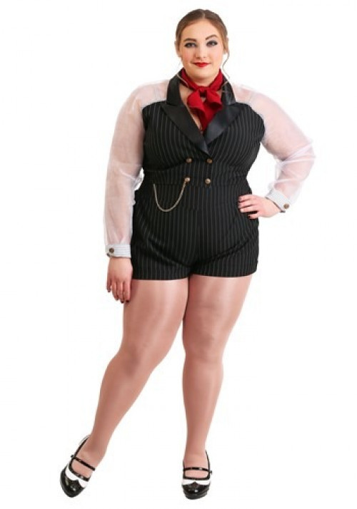 No one will cross you when you wear this women's plus size gangster costume! This vest ans shorts combo is a sexy look for any gangster lady. #plus