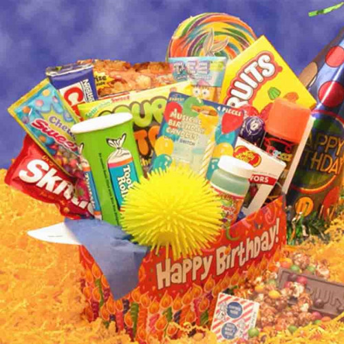 Presented in a cheerful box and full of sweet treats, savory snacks, musical birthday candles, silly string and more, this gift is perfect for kids and kids at heart alike! Package designed for shipping to military addresses, colleges and P O Boxes. Gift #gift
