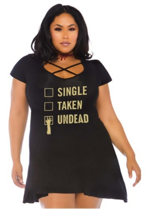 The Women's Plus Size Undead Jersey Costume Dress is a unique, fun look you're sure to enjoy. Available in 1X/2X and 3X/4X. #plus