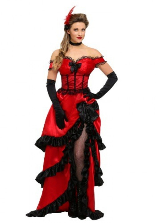 Go with a classy western look in this adult plus size saloon girl floor length dress costume. Available in 1X, 2X and 3X. #plus