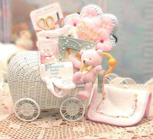 A Great Gift for New Baby Boy! This is a Great Gift for your New Bundle of Joy! Our White Wicker Baby Carriage is stuffed with all the necessities that baby will need along with a Soft Plush Miniature Teddy Bear. Mom & Dad will Love this! Blue Motif #gift