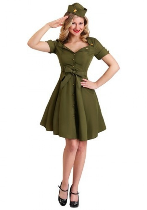 She was the boogie woogie bugle girl of Company B in the Women's Vintage Combat Cutie costume! The army green dress is in the 50's pin-up style. #vintage