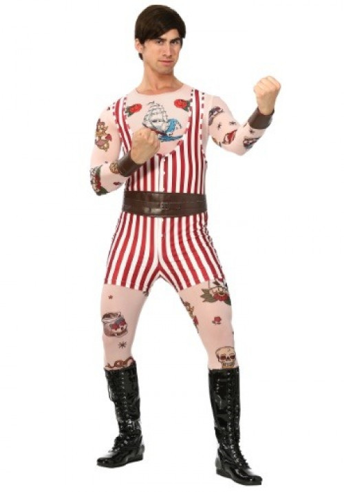 This is an exclusive Men's Vintage Strongman Costume that includes a tattoo shirt, tattoo pants, a striped singlet, faux leather wrist guard, and faux leather belt. #vintage