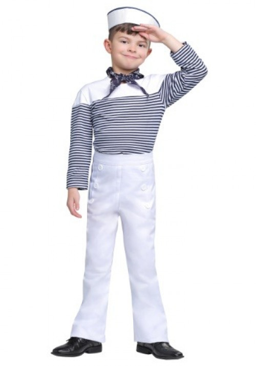Your young sailor will be ready for a high seas adventure in this vintage inspired sailor costume that features white pants and horizontal striped long-sleeved shirt. #vintage
