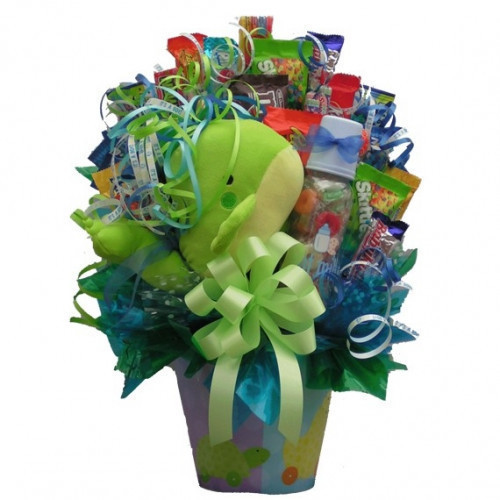 A sweet and tasty bouquet to celebrate their sweet newborn! Welcome the newest addition to their family and say congratulations to the new parents with a New Baby Candy Bouquet. This adorable arrangement features a stuffed animal, baby bottle and lots of #gift