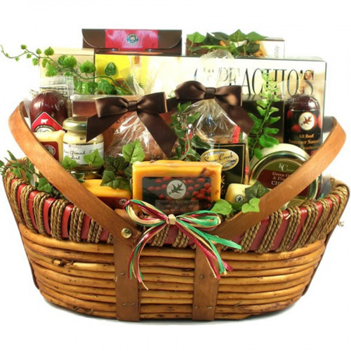 Our best seller in a Deluxe Size. This Basket has been a Gift Basket Village Best Seller since we introduced it in 2009! It starts with a large basket and gets piled high with a collection of crackers, gourmet cheeses, dips, nuts, meats and sweet treats. #gift