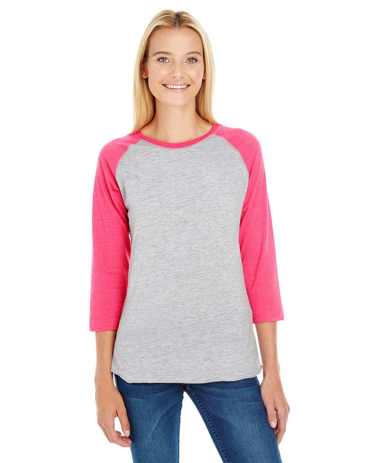 Lat L3530 Women's Vintage Fine Jersey 3/4-Sleeve Baseball T-Shirt - Vintage Heather/Vintage Hot Pink - S #vintage