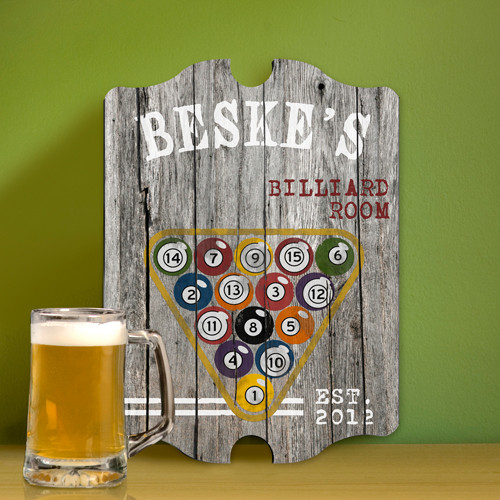 The billiards fanatic will enjoy the chance to show off his favorite pastime in his man cave or den. Now he can enjoy the ambiance of the pool hall from home with our vintage Billiards pub sign. The sign features a weathered wood background with old fash #vintage