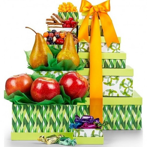 An exclusively-designed gift tower with fresh, luscious fruits, and gourmet snacks for sharing. Six exclusively-designed gift boxes proudly feature crisp Fuji apples, sweet Bosc pears, Seattle Truffles, mango jelly beans, nougat caramels, sour cherry har #gift