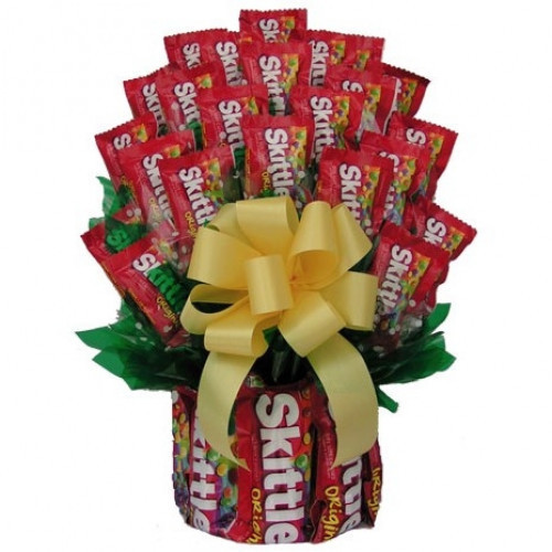 Give them a taste of the rainbow with our Skittles Candy Bouquet. This bouquet, made up of large and fun sized bags of Skittles is a sure way to brighten their day. Skittles enthusiasts will love seeing their favorite candy all wrapped up in this colorful #gift
