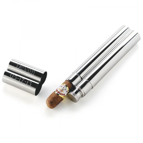 with its ingenious design and polished stainless steel finish, this combination of the ultimate gentlemanly pleasures fits neatly in a breast pocket. Holds one cigar and 1.5 ounces of your favorite libation. Personalized with two lines of up to 10 charact #gift