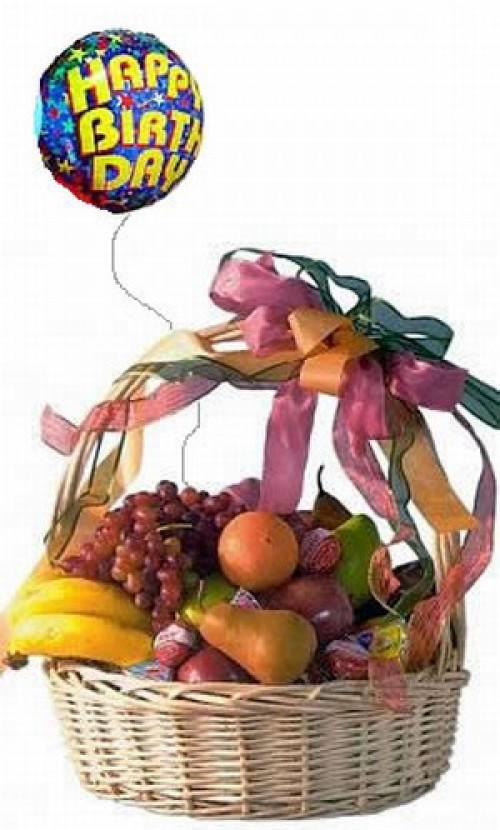 Our impressive large willow basket arrives filled with a selection of fresh seasonal fruit and assorted cheeses, and includes a Happy Birthday Mylar balloon to celebrate that special day! The fruits may include pears, apples, grapes, oranges and bananas. #gift