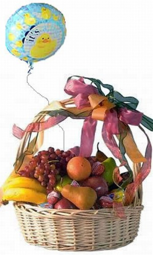 Our impressive large willow basket arrives filled with a selection of fresh seasonal fruit and assorted cheeses, and includes a New Arrival Mylar balloon to celebrate baby! The fruits may include pears, apples, grapes, oranges and bananas. #gift