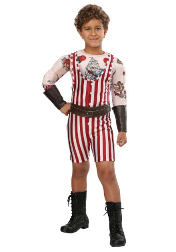 Can he lift it?! Yes he can! In this exclusive Vintage Strongman Boys Costume your child will be strong enough to lift a whole house! This costume features a red and white striped jumpsuit with faux tattoo chest and sleeves. #vintage