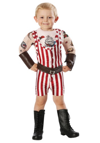 Put your tough little man in this Vintage Strongman Toddler Costume. It features a red and white singlet with faux muscles and tattoos. #vintage