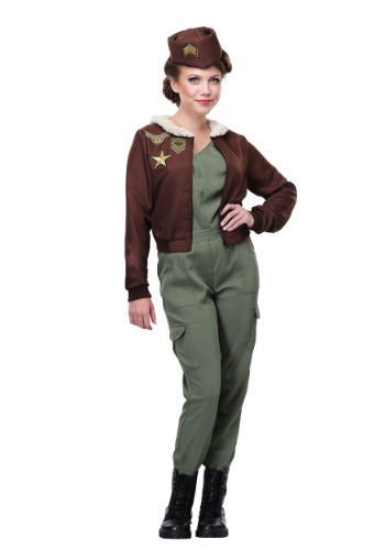 You'll be ready for duty in this exclusive Women's Vintage Flight Officer Costume that features a bomber jacket with patches, a matching hat with rank patch, and an olive green jumpsuit. Available in 1X and 2X. #vintage