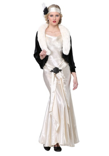 Become a chic and sophisticated lady of the 20s in this exclusive 1920s Socialite Womens Costume. This costume features an off-white satin dress with a fur trimmed velvet jacket. #vintage