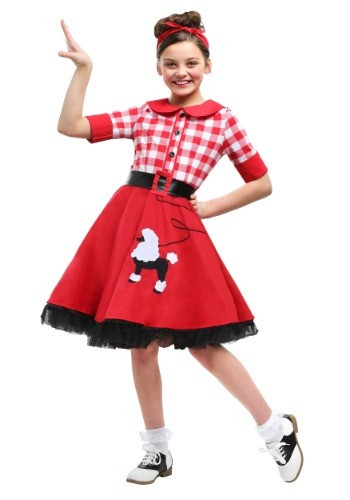 Let your child experience the fashion of the 50's in this exclusive 50s Darling Girls Costume. This costume features a red plaid shirt with red poodle skirt. #vintage