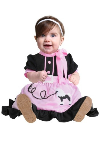 Bring your little cutie to the sock hop in this exclusive 50s Poodle Skirt Infant Costume. This costume features a classic pink and black poodle skirt dress. #vintage