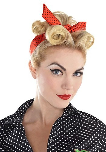 Complete your pin-up look or give any costume a retro feel when you add this Red Polka Dot Rockabilly Hair Scarf Accessory. It features red fabric with black polka dots. #vintage
