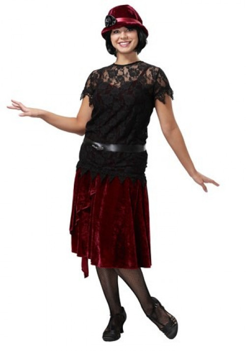 Don't go to your next soiree in any old threads, get this exclusive Toe Tappin' Flapper Women's Costume. This costume features a black lace belted top with an asymmetrical burgundy velvet skirt for a fun, flirty vintage look. #vintage