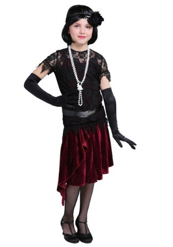 Your little girl is going to love this swanky 1920's look! This exclusive Toe Tappin' Flapper Girls Costume is sure to make her want to learn the Charleston. This costume features a black lace top with a burgundy velvet skirt for a cool vintage look. #vintage
