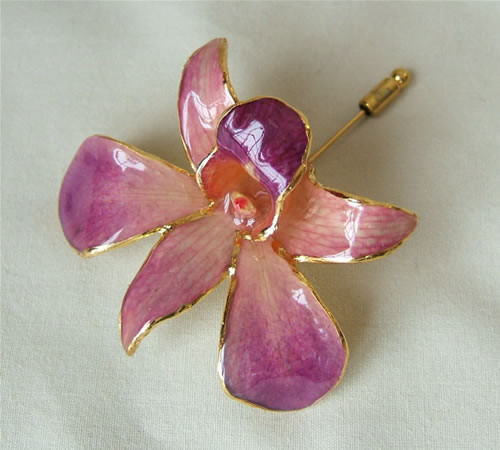 Picked at the peak of its natural perfection, a lush, exotic orchid blossom gives this Pink and Purple Dendrobium Orchid brooch its ethereal beauty. Each delicate, vibrant flower is skillfully preserved in lacquer and trimmed with touches of 24K gold. The #gift