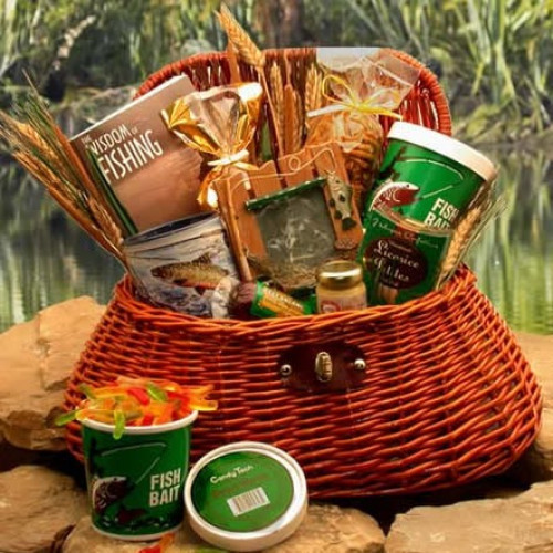 A large wicker fisherman's creel loaded with useful items and snacks for your fisherman. #gift