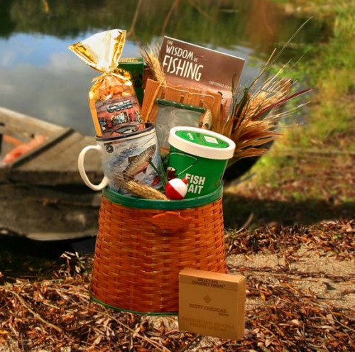 A medium-sized wicker fisherman's creel loaded with useful items and snacks for your fisherman. #gift