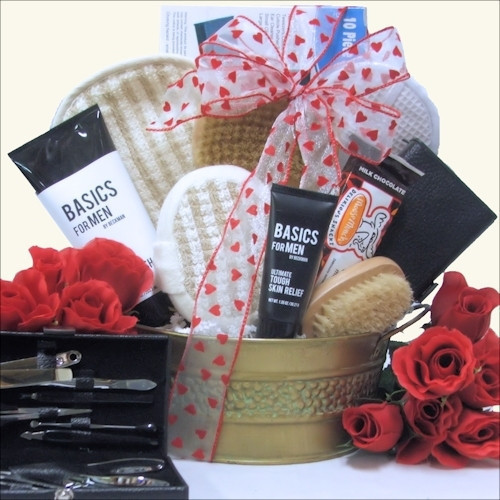Send your guy this unique, masculine grooming gift basket for all his grooming needs! It includes a great selection of Men's Bath and Shaving Products as well as a 10-piece Manicure Grooming Set and a little gourmet treat - Harry & David's Milk Chocolate #gift