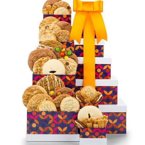 Fresh basked cookies all dressed up to impress. Make any occasion doubly fun with one dozen delicious cookies in a colorful two-box gift tower.21 all-natural gourmet cookies and filled shortbreads accompany pecan nougat caramels, sesame honey candies, and #gift