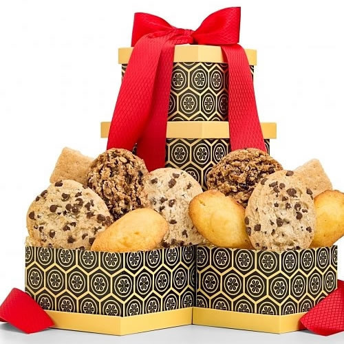 One dozen fresh basked cookies ready for the holidays. Gourmet cookies are freshly baked using only the finest premium ingredients like Belgian chocolate and fine cake flour. Presented in a vibrant two-box tower, it's a sweet gesture for any occasion. In #gift