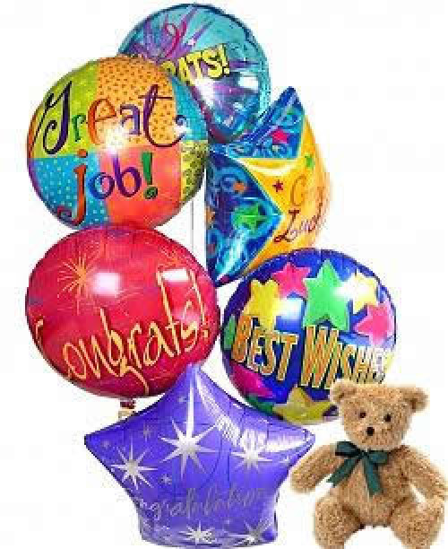 Graduation Balloons & Teddy Bouquet. This bunch of 6 Graduation & Congratulations Themed balloons, combined with a plush teddy bear, is the best way to really convey your sincere wishes of Congratulations to a graduate. Delight someone special today! Grad #gift