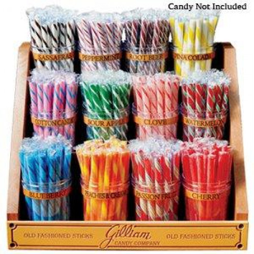 This stick candy rack is 15.5" wide by 11.5" high by 13.5" deep and comes with candy name labels (not shown). The jars are plastic. They are designed to hold the old fashioned Stick Candies which are individually wrapped and are 5 inches long. Orders plac #candy