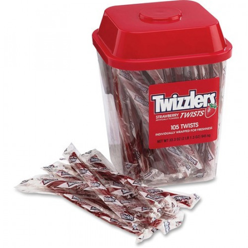 Popular licorice sticks are a great treat for the breakroom. They are individually wrapped and come in a handy, reusable container. These strawberry twists will give your mouth something to smile about. #candy