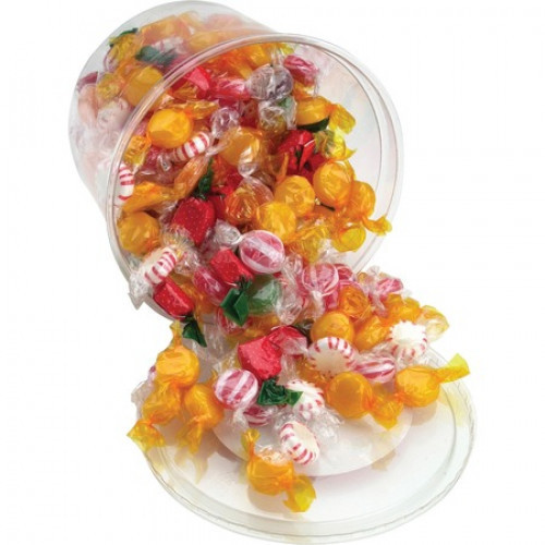 Variety of colorful candy offers a fresh treat any time of the day. Fancy Mix in a tub includes butterscotch hard candies, two kinds of peppermint hard candies, strawberry-flavored hard candy with a liquid center and more. Individually wrapped candy is id #candy