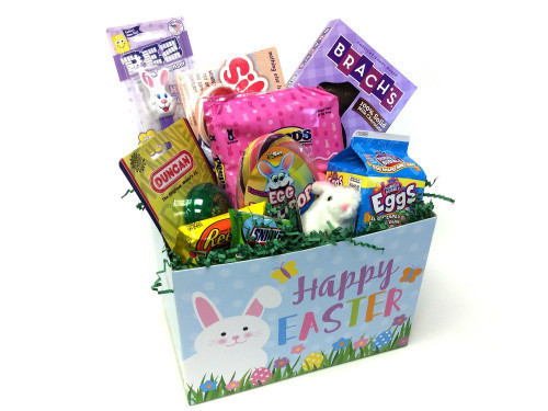 This Easter Basket is filled with 7 Easter Candies and 3 Retro Toys. The candies are Reese's Peanut Butter Egg, 5.25 oz Milk Chocolate Easter Bunny, Peeps Marshmallow Bunnies, Snickers Egg, Dubble Bubble Bubblegum Eggs, PEZ dispenser and a 4.5 oz Lollipop #candy