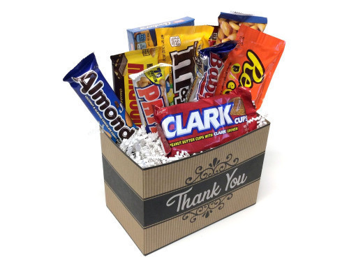 Chocolate and Nut Lovers Gift Boxes in 8 colorful styles including Happy Birthday, Thank You and more.A typical assortment includes one each of the following full-size candy bars: Almond Joy, Baby Ruth, Clark Cup, Goldenberg Peanut Chews, Goobers, M&M Pea #candy