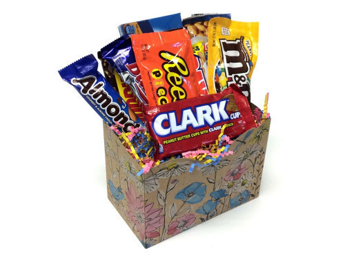 Chocolate and Nut Lovers Gift Boxes in 8 colorful styles including Happy Birthday, Thank You and more.A typical assortment includes one each of the following full-size candy bars: Almond Joy, Baby Ruth, Clark Cup, Goldenberg Peanut Chews, Goobers, M&M Pea #candy