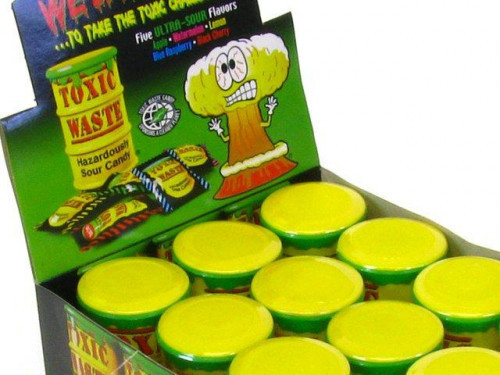 This Hazardously Sour Candy will bring back memories of contests in the school yard. Who can keep it in their mouth the longest? Each 3 inch tall drum contains about 15 pieces of candy in five Ultra-Sour Flavors; Apple, Watermelon, Lemon, Blue Raspberry, #candy