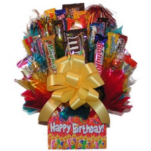 Give the gift of good taste for their birthday with our delicious Happy Birthday Candy Bouquet. An assortment of tasty candy and chocolate classics fill a colorful Happy Birthday box for a cheery birthday gift for someone special. The Happy Birthday bouqu #candy