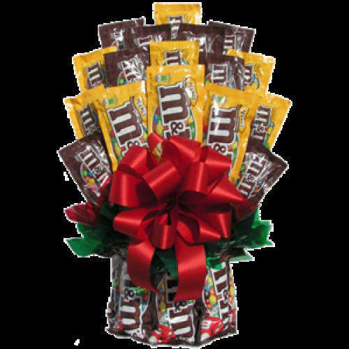 M&Ms fans can now enjoy a whole bouquet featuring two of M&M's most beloved flavors... peanut and plain chocolate! Delight their taste buds with a bouquet comprised entirely of delicious M&M candies. The M&M Candy Bouquet makes a perfect gift for just abo #candy