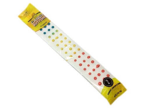 Candy Buttons are small "buttons" of candy that are attached to a strip of paper. Each 11 inch strip has three flavors: cherry (pink), lime (blue), and lemon (yellow). Orders placed by midnight usually ship on the next business day. #candy