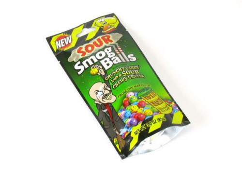 Sour Smog Balls are a delicious crunchy sour candy with an amazing sour chewy center. The sour crunch you'll munch by the bunch is packaged with 6 different yummy sour flavors which include: Lime, Cherry, Strawberry, Lemon, Blue Raspberry, and Grape. Each #candy