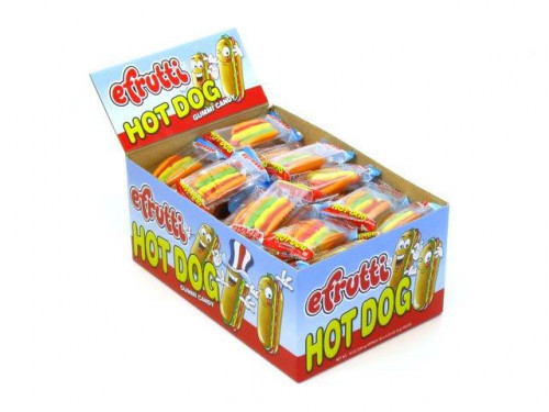Gummi Hot Dogs, a miniature version of the all American food. The hot dog is 1.75 inch long and individually wrapped. Orders placed by midnight usually ship on the next business day. #candy