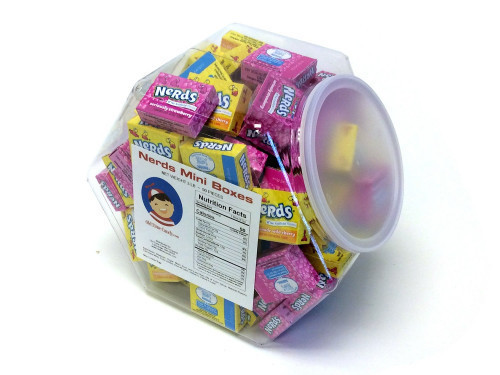 This tub has about 90 Nerds Mini Boxes in Strawberry and Lemonade Wild Cherry. The plastic, reusable tub measures over 7 inches high, 8 inches wide and 5 inches deep. The mouth is 4.5 inches in diameter. Orders placed by midnight usually ship on the next #candy