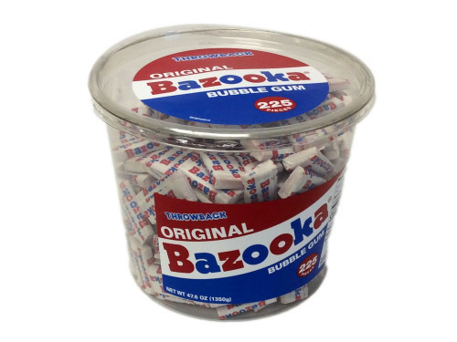 Original Bazooka flavored Bubble Gum in a tub. The same great tasting gum with a new look. Each tub contains 225 individually wrapped pieces which measure 1.5 inches and have a fun Bazooka challenge enclosed. Orders placed by midnight usually ship on the #candy