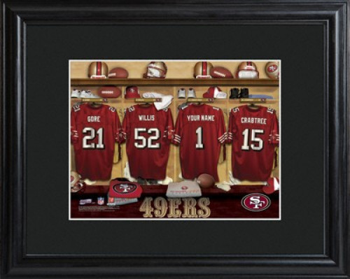 Framed San Francisco 49ers print includes choice of personalization on one of the pictured jerseys. Join the San Francisco 49ers with our Official Licensed NFL locker room photo. Framed and matted in black, this colorful photo features authentic San Franc #sports