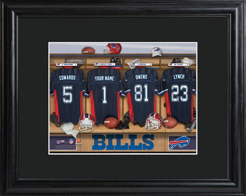 Framed Buffalo Bills print includes choice of personalization on one of the pictured jerseys. Join the Buffalo Bills with our Official Licensed NFL locker room photo. Framed and matted in black, this colorful photo features authentic Buffalo Bills jerseys #sports