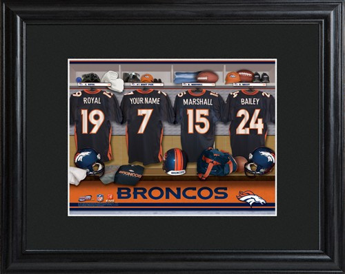 Framed Denver Broncos print includes choice of personalization on one of the pictured jerseys. Join the Denver Broncos with our Official Licensed NFL locker room photo. Framed and matted in black, this colorful photo features authentic Denver Broncos jers #sports
